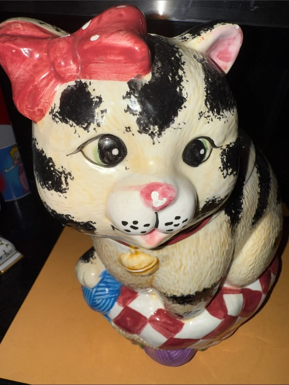 Ceramic Black & White Striped Cat Figurine with Red Bow